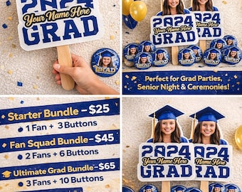 Custom Graduation Photo Fan & Button Bundle | Personalized Grad Party Decor