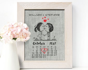 12th Linen Anniversary Gift, Cute Calendar Linen Print