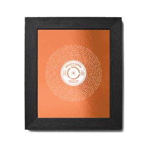 May include: A framed print of a record with the song "Tenerife Sea" by Ed Sheeran. The record is surrounded by lyrics from the song in a circular pattern. The record is on a copper background and the lyrics are in white. The frame is black.