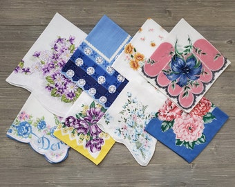 8 Floral Hankies, Crafts Sewing Quilts, Vintage Handkerchief Lot, Soft Cotton 'Tissues'