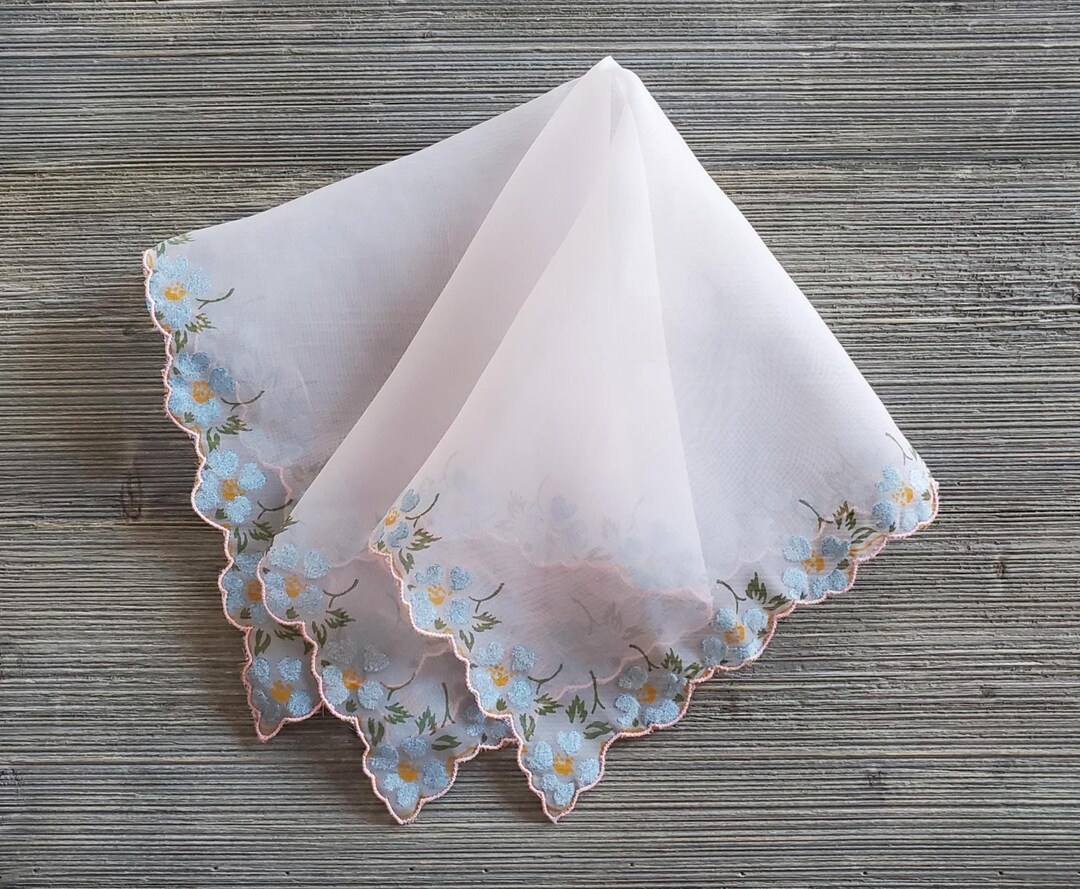 Pink & Blue Nylon Hankie, Flocked Floral Handkerchief, Something Blue ...