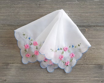 Pink & Blue Embroidered Hankie, Vintage Nylon Handkerchief, Bride's Something Blue, Wedding Keepsake