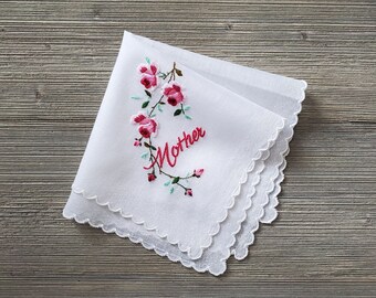 Embroidered 'Mother' & Pink Roses Hankie, Vintage Handkerchief for Mom, Mother's Day Gift, Mother of the Bride