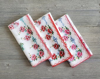 3 Red Floral Hankies, Soft Cotton, Vintage Handkerchief Set, Cloth 'Tissues'
