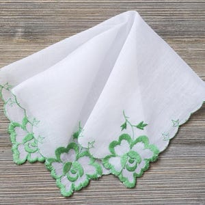 Green Hankie, Embroidered Flowers, Ladies Vintage Handkerchief, Gift for Her