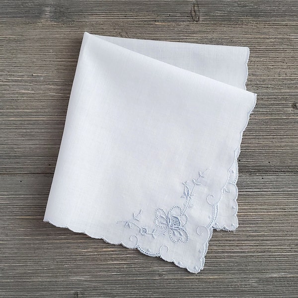 Pale Blue Embroidery, White Vintage Handkerchief, Wedding Hankie, Bride's Something Blue