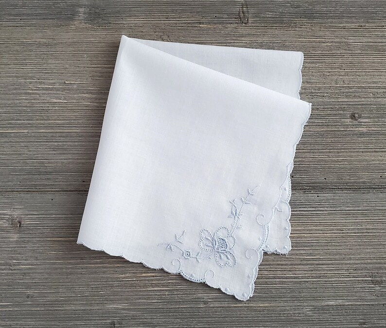 Pale Blue Embroidery, White Vintage Handkerchief, Wedding Hankie, Bride's Something Blue Bild 1