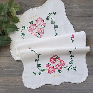 Hand-Embroidered Dresser Scarf, Pink Flowers, Antique Table Runner, Vintage Home Décor