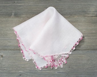 Pale Pink Linen Hankie, Pink Crochet Lace, Ladies Vintage Handkerchief
