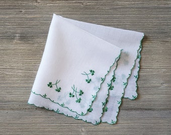 Green Shamrocks Hankie, Embroidered Handkerchief, St. Patricks Day, Vintage Gift