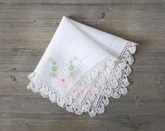 Fancy Embroidered Hankie, Pink Appliqué Flowers, Crochet Lace, Vintage Wedding Handkerchief