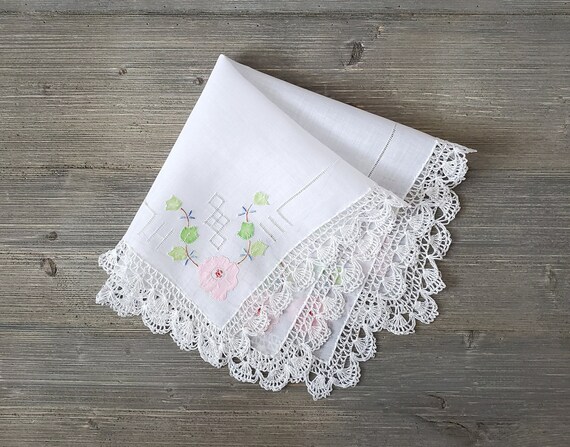 Fancy Embroidered Hankie, Pink Appliqué Flowers, … - image 1