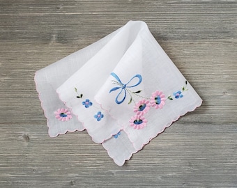 Pink & Blue Hankie, Embroidered Flowers, Vintage Wedding Handkerchief, Bride's Something Blue