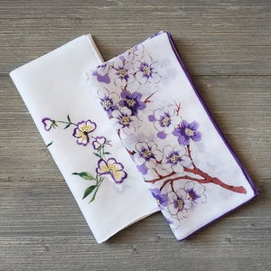 2 Purple Blossoms Hankies, Floral & Embroidered Vintage Handkerchiefs, Soft Cotton Ladies Hankies, Spring Flowers image 2