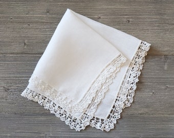 White Linen Hankie, Fancy Crochet Lace, Vintage Wedding Handkerchief For the Bride