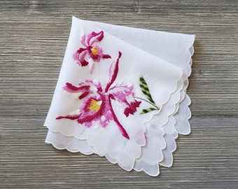 Pink Iris Hankie, Embroidered Floral Handkerchief, Vintage Mother's Day Gift