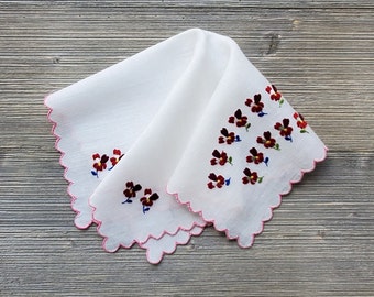 Red Pansies & Pink Scallops Hankie, Vintage Embroidered Handkerchief, Gift for Mom