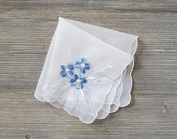White Nylon & Blue Flowers, Embroidered Hankie, S… - image 1