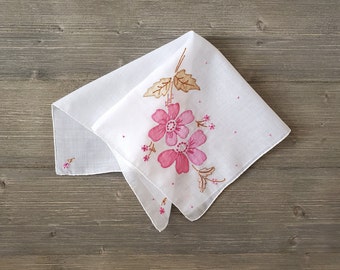 Pink Appliqué Flowers Hankie, Embroidered Ladies Handkerchief, Vintage Gift