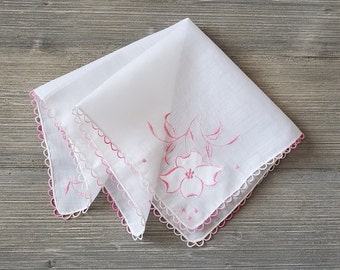 Pink Appliqué Flower Hankie, Vintage Pink Wedding Handkerchief, Embroidery & Tatted Lace