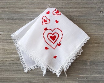 Valentine Hearts & Lace Hankie, Vintage Embroidered Handkerchief, New Tag Attached