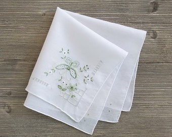 Green Butterfly & Flowers Hankie, Embroidered Handkerchief, Soft Cotton, Vintage Gift for Her
