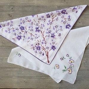 2 Purple Blossoms Hankies, Floral & Embroidered Vintage Handkerchiefs, Soft Cotton Ladies Hankies, Spring Flowers image 6