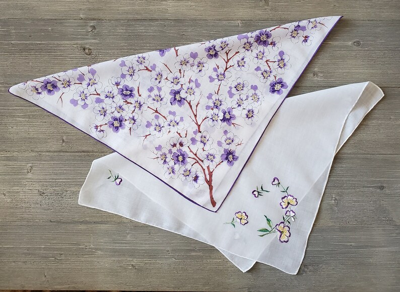 2 Purple Blossoms Hankies, Floral & Embroidered Vintage Handkerchiefs, Soft Cotton Ladies Hankies, Spring Flowers image 6