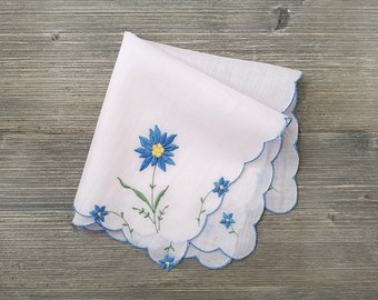 Pale Pink Hankie, Blue Embroidered Flowers, Vintage Handkerchief, Bride's Something Blue