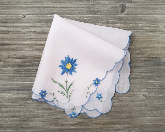 Pale Pink Hankie, Blue Embroidered Flowers, Vinta… - image 1