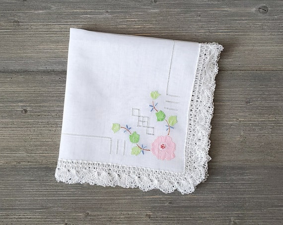 Fancy Embroidered Hankie, Pink Appliqué Flowers, … - image 4