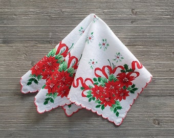 Christmas Hankie, Poinsettias & Red Ribbons, Holiday Handkerchief, Vintage Gift