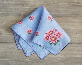 Pink Daisies Blue Floral Hankie, Vintage Ladies Handkerchief, Bride's Something Blue, Soft Linen