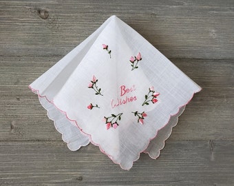 Pink 'Best Wishes' Hankie, Embroidered Rosebuds, Vintage Handkerchief, Bride's Keepsake, Wedding Shower, Engagement Gift