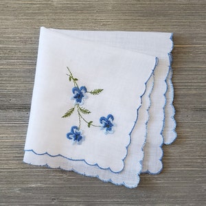 Blue Pansies Hankie, Vintage Embroidered Handkerchief, Bride's Something Blue image 1