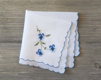 Blue Pansies Hankie, Vintage Embroidered Handkerchief, Bride's Something Blue