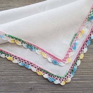 Pastel Crochet Lace Hankie, Vintage Linen Handkerchief, Easter, Mother&#39;s Day Gift