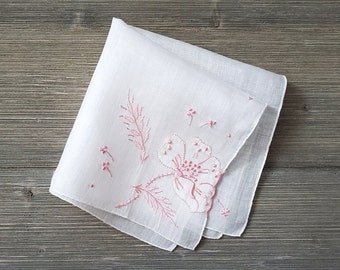 Pink Embroidered Linen Hankie, Appliqué Flowers, Vintage Ladies Handkerchief, Madeira Tag Attached, Gift for Mom