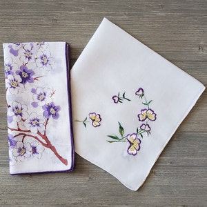 2 Purple Blossoms Hankies, Floral & Embroidered Vintage Handkerchiefs, Soft Cotton Ladies Hankies, Spring Flowers image 4