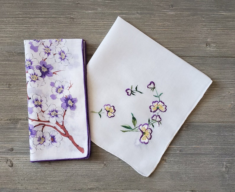 2 Purple Blossoms Hankies, Floral & Embroidered Vintage Handkerchiefs, Soft Cotton Ladies Hankies, Spring Flowers image 4