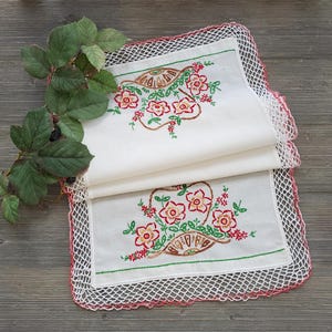 Handmade Dresser Scarf, Embroidery & Crochet, Table Runner, Vintage Home Décor