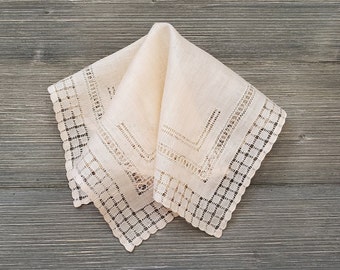 Pale Peach Antique Hankie, Drawn-Thread Embroidery, Vintage Linen Handkerchief