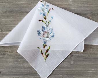 Blue Lillies Hankie, Embroidered Flowers, Vintage Handkerchief, Something Blue