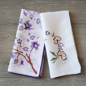 2 Purple Blossoms Hankies, Floral & Embroidered Vintage Handkerchiefs, Soft Cotton Ladies Hankies, Spring Flowers image 1
