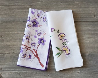 2 Purple Blossoms Hankies, Floral & Embroidered Vintage Handkerchiefs, Soft Cotton Ladies Hankies, Spring Flowers, Easter Gift