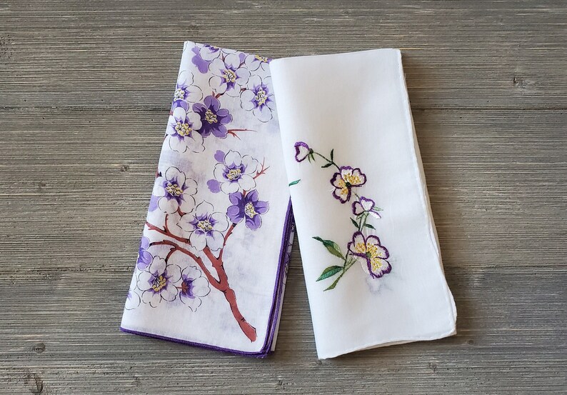 2 Purple Blossoms Hankies, Floral & Embroidered Vintage Handkerchiefs, Soft Cotton Ladies Hankies, Spring Flowers image 1