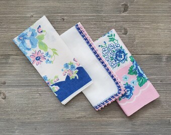 3 Soft Cotton Hankies, Pink & Blue Floral, Crochet Trim, Vintage Handkerchiefs, Cloth Reusable 'Tissues'