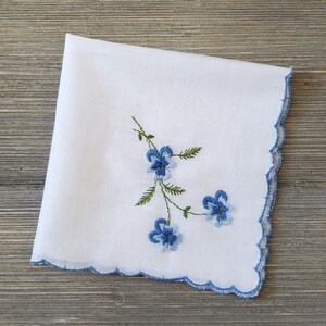 Blue Pansies Hankie, Vintage Embroidered Handkerchief, Bride's Something Blue image 3