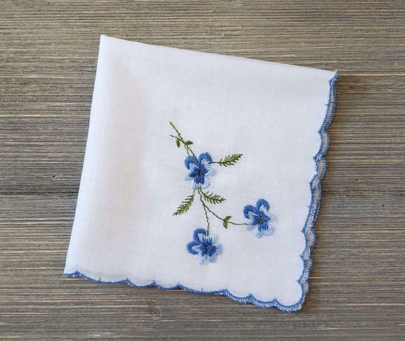Blue Pansies Hankie, Vintage Embroidered Handkerchief, Bride's Something Blue image 3