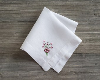 Pink Boquet of Flowers, Embroidered Hankie, Vintage Linen Handkerchief, Gift for Mom